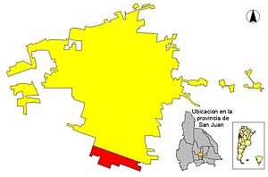 Área urbana del Gran San Juan (amarillo) y Componente Villa Barbosa - Villa Nacusi (rojo).