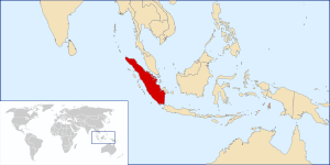 Mapa donde se destaca la ubicación de la isla indonesia de Sumatra, hábitat del 'Muntiacus montanus'.