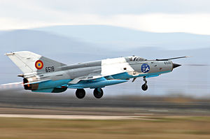 MiG-21 LanceR taking off Romania Oct 2009.jpg