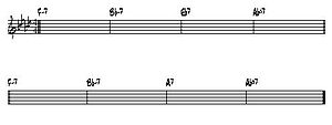 En la sustitución tritono se sustituye un acorde dominante (Eb7 del tercer compás) por otro acorde dominante a distancia de tritono (A7 del séptimo compás) Ejemplo tomado de All The Things You Are