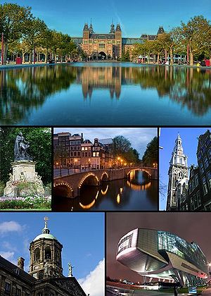 De izquierda a derecha y de arriba hacia abajo: Rijksmuseum, Estatua en el Vondelpark, canal de Keizersgracht, Zuiderkerk, Palacio Real, ING House