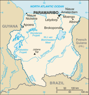 Localización de Paramaribo en Surinam.