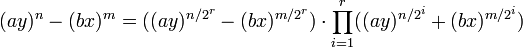 
(ay)^n-(bx)^m=
((ay)^{n/{2^r}}-(bx)^{m/{2^r}})\cdot \prod_{i=1}^{r} ((ay)^{n/{2^i}}+(bx)^{m/{2^i}})  
\,