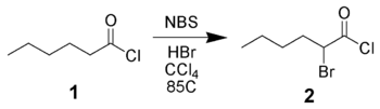 Alpha-bromination of hexanoyl chloride