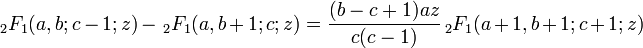 \,_2F_1(a,b;c-1;z)-\,_2F_1(a,b+1;c;z) = \frac{(b-c+1)az}{c(c-1)}\,_2F_1(a+1,b+1;c+1;z)