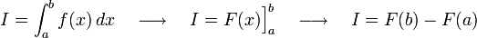 
   I = \int_{a}^{b}  f(x) \, dx
   \quad \longrightarrow \quad
   I = F(x)
   \Big ]_{a}^{b}
   \quad \longrightarrow \quad
   I = F(b) - F(a)
