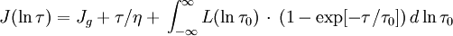 J (\ln \tau) = J_g + \tau/\eta + \,\int_{-\infty}^{\infty} L(\ln \tau_0)\, \cdot \, (1-\exp [-\tau/\tau_0])\, d\ln\tau_0