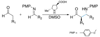 Reacción de Mannich asimetrica catalizada por un derivado de la pirrolidina