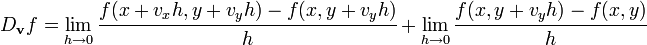 D_\mathbf{v}f = \lim_{h\to 0} \cfrac{f(x+v_xh,y+v_yh)-f(x,y+v_yh)}{h} + 
\lim_{h\to 0} \cfrac{f(x,y+v_yh)-f(x,y)}{h}