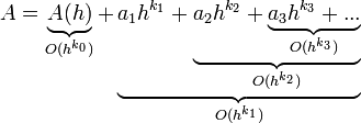 A = \underbrace{A(h)}_{O(h^{k_0})} + \underbrace{a_{1}h^{k_1}+ \underbrace{a_{2}h^{k_2} + \underbrace{a_{3}h^{k_3}+ ...}_{O(h^{k_3})}}_{O(h^{k_2})}}_{O(h^{k_1})}