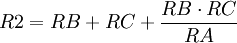 R2 = {RB + RC + {RB \cdot RC \over {RA}}} \,