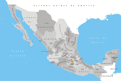 Mapa de México dividido por sus entidades federativas.