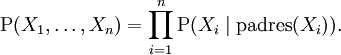 \mathrm P(X_1, \ldots, X_n) = \prod_{i=1}^n \mathrm P(X_i \mid \operatorname{padres}(X_i)).\,
