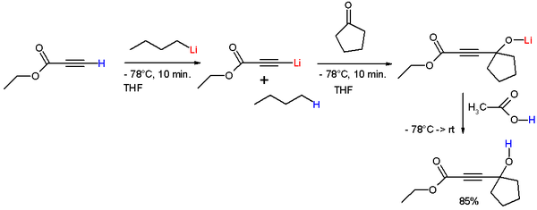 Esquema 1. Reacción del propiolato de etilo con n-butillitio para formar alquinuro de litio.
