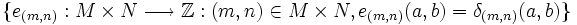 \{e_{(m,n)}:M \times N \longrightarrow \mathbb{Z} : (m,n) \in M \times N, e_{(m,n)}(a,b) = \delta_{(m,n)}(a,b)\}