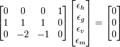 \begin{bmatrix}{0}&{0}&{0}&{1}\\{1}&{1}&{1}&{0}\\{0}&{-2}&{-1}&{0}\end{bmatrix}\begin{bmatrix}{\epsilon_h}\\{\epsilon_g}\\{\epsilon_v}\\{\epsilon_m}\end{bmatrix} = \begin{bmatrix}{0}\\{0}\\{0}\end{bmatrix}
