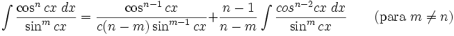\int\frac{\cos^n cx\;dx}{\sin^m cx} = \frac{\cos^{n-1} cx}{c(n-m)\sin^{m-1} cx} + \frac{n-1}{n-m}\int\frac{cos^{n-2} cx\;dx}{\sin^m cx} \qquad\mbox{(para }m\neq n\mbox{)}