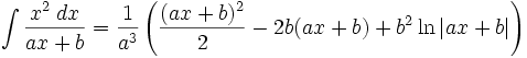 \int\frac{x^2\;dx}{ax + b} = \frac{1}{a^3}\left(\frac{(ax + b)^2}{2} - 2b(ax + b) + b^2\ln\left|ax + b\right|\right)