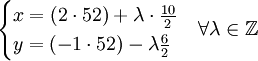 \begin{cases} x=(2 \cdot 52) + \lambda \cdot \frac{10}{2} \\ y = (-1 \cdot 52) - \lambda \frac{6}{2}\end{cases} \forall \lambda \in \mathbb{Z}