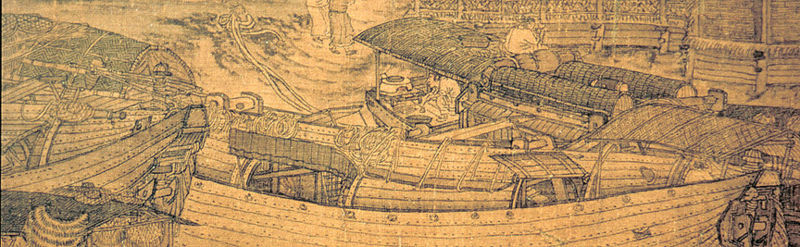 Vista panorámica de El festival Qingming junto al río, donde se ve a un barco atracando junto al río en Kaifeng.  Pintura de Zhang Zeduan del siglo XII.