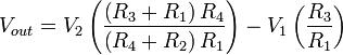  V_{out} = V_2 \left( { \left( R_3 + R_1 \right) R_4 \over \left( R_4 + R_2 \right) R_1} \right) - V_1 \left( {R_3 \over R_1} \right) 