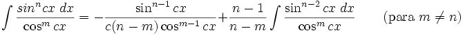 \int\frac{sin^n cx\;dx}{\cos^m cx} = -\frac{\sin^{n-1} cx}{c(n-m)\cos^{m-1} cx}+\frac{n-1}{n-m}\int\frac{\sin^{n-2} cx\;dx}{\cos^m cx} \qquad\mbox{(para }m\neq n\mbox{)}