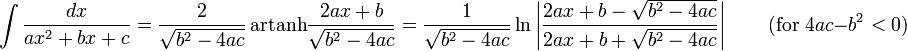 \int\frac{dx}{ax^2+bx+c} = \frac{2}{\sqrt{b^2-4ac}}\,\mathrm{artanh}\frac{2ax+b}{\sqrt{b^2-4ac}} = \frac{1}{\sqrt{b^2-4ac}}\ln\left|\frac{2ax+b-\sqrt{b^2-4ac}}{2ax+b+\sqrt{b^2-4ac}}\right| \qquad\mbox{(for }4ac-b^2<0\mbox{)}