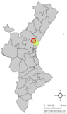 Localización de Algimia de Alfara respecto a la Comunidad Valenciana.