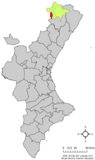 Localización de Portell de Morella respecto a la Comunidad Valenciana.