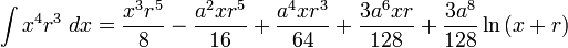 \int x^4 r^3\;dx= \frac{x^3r^5}{8}-\frac{a^2xr^5}{16}+\frac{a^4xr^3}{64}+\frac{3a^6xr}{128}+\frac{3a^8}{128}\ln\left(x+r\right)