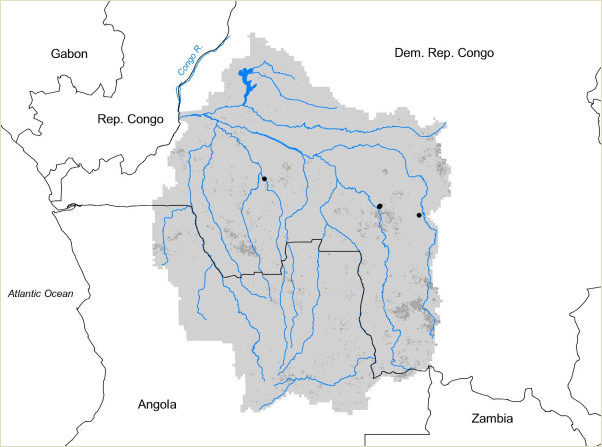 Localización del río Kwango en un mapa de la cuenca del río Kasai