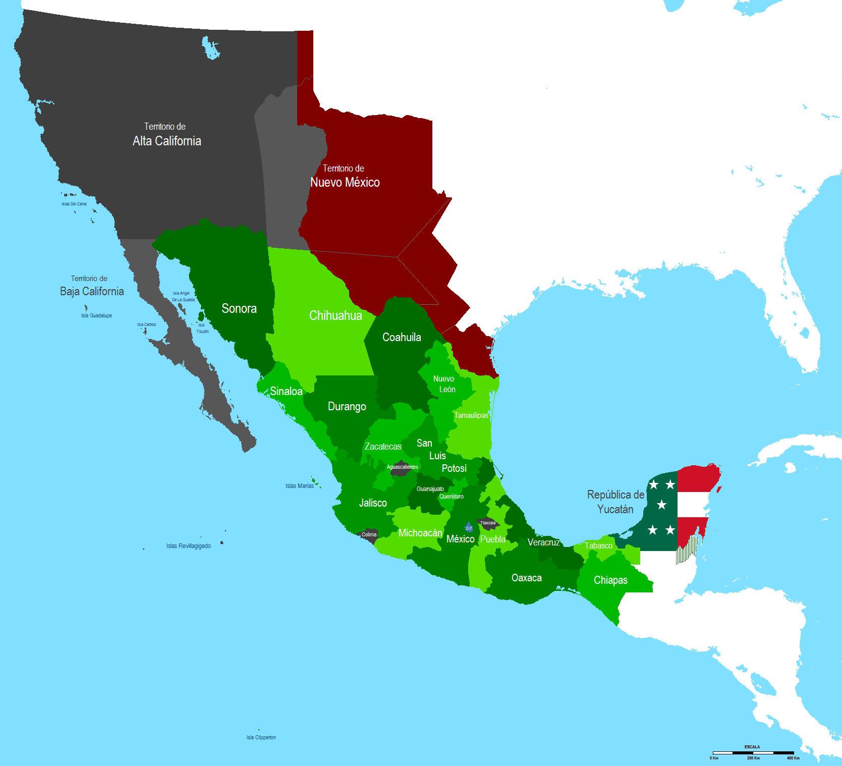 Evoluci N De La Organizaci N Territorial De M Xico   Mapa Mexico 1845.PNG