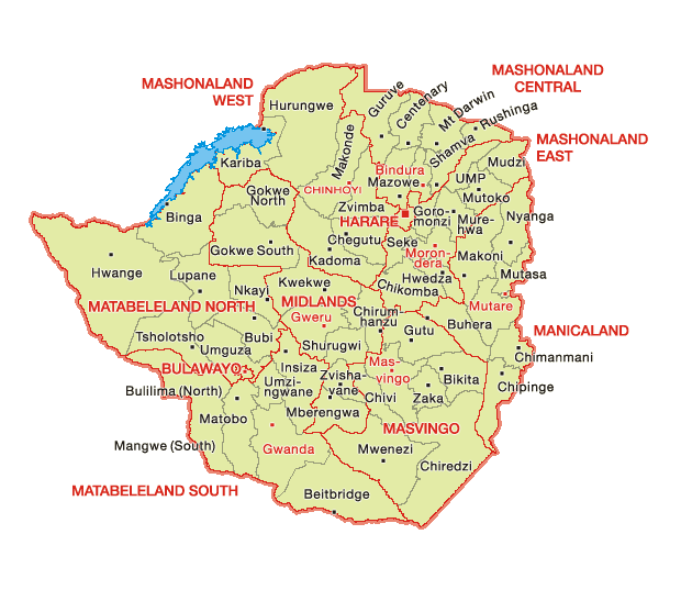 Mapa de Zimbabue: Matabeleland se sitúa en el oeste del país