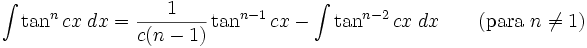 \int\tan^n cx\;dx = \frac{1}{c(n-1)}\tan^{n-1} cx-\int\tan^{n-2} cx\;dx \qquad\mbox{(para }n\neq 1\mbox{)}