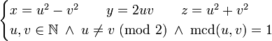 \begin{cases}
x = u^2 - v^2 \qquad y = 2uv  \qquad z = u^2 + v^2 \\ u,v \in \mathbb{N} \; \land \; u \neq v\ (\mbox{mod}\ 2) \; \land \; \mbox{mcd}(u,v) = 1 \end{cases} 