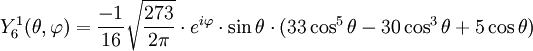 Y_{6}^{1}(\theta,\varphi)={-1\over 16}\sqrt{273\over 2\pi}\cdot e^{i\varphi}\cdot\sin\theta\cdot(33\cos^{5}\theta-30\cos^{3}\theta+5\cos\theta)