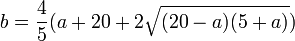b = \frac{4}{5} (a+20+2\sqrt{(20-a)(5+a)}) \,\!